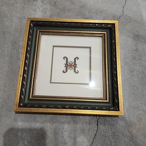 Needlepoint‎ picture "H", green and gold frame,  size 9"x9"